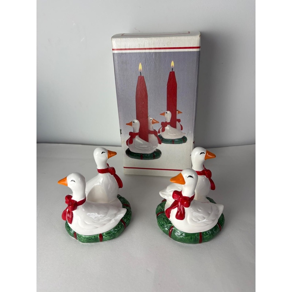 Vintage Colonial Candle of Cape Cod Geese Set of 2 Ceramic Candle Holders Korea‎